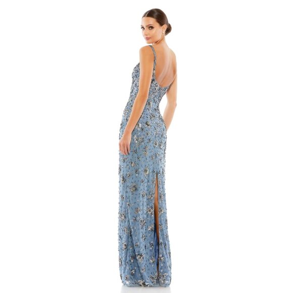 $598 Mac Duggal Size 4 Slate Blue Silver Floral Embellished Long Maxi Dress Gown - Picture 6 of 6